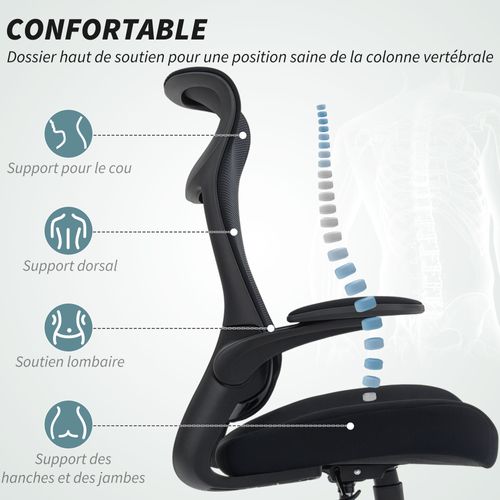 Chaise Bureau Ergonomique Réglable Accoudoirs 4d Relevables Rembourrés Maille Noir