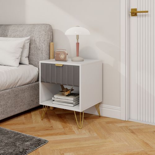 Chevet Design Métal Doré Tiroir Texturé Gris Blanc