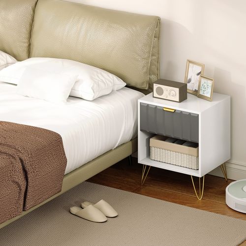 Chevet Design Métal Doré Tiroir Texturé Gris Blanc
