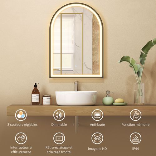 Miroir Salle De Bain LED Design Arche 50 X 70 Cm Anti-buée Réglable Alu Noir