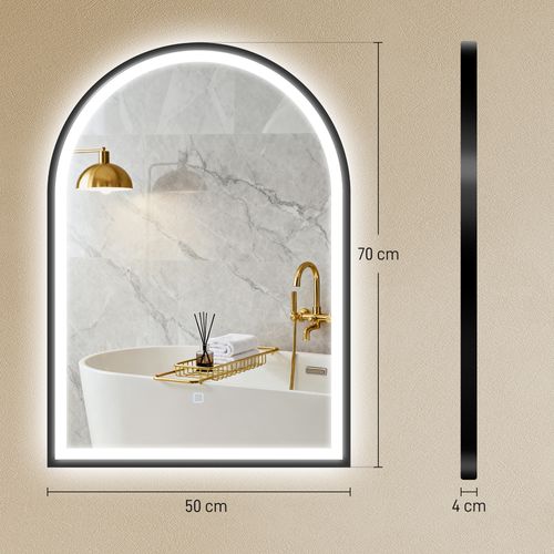 Miroir Salle De Bain LED Design Arche 50 X 70 Cm Anti-buée Réglable Alu Noir