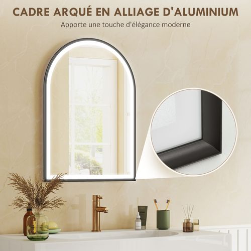 Miroir Salle De Bain LED Design Arche 50 X 70 Cm Anti-buée Réglable Alu Noir