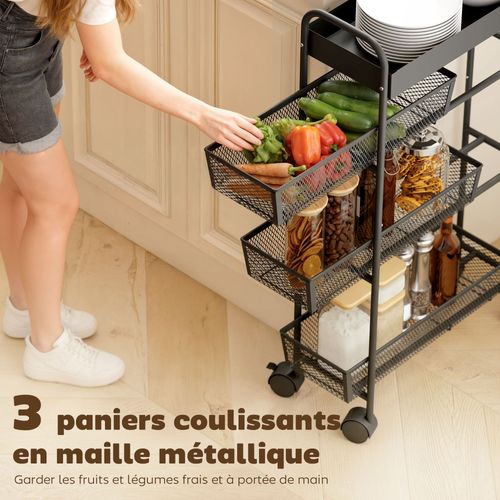 Desserte Métal Mobile 3 Paniers Coulissants Plateau à Rebords Noir