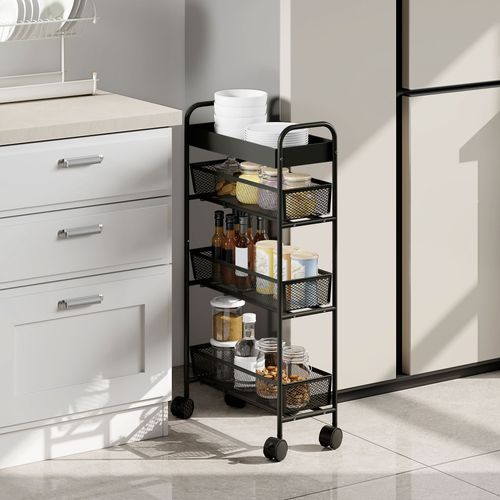 Desserte Métal Mobile 3 Paniers Coulissants Plateau à Rebords Noir