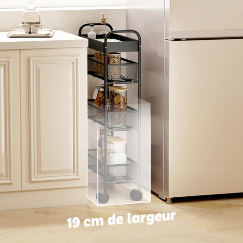 Desserte Métal Mobile 3 Paniers Coulissants Plateau à Rebords Noir
