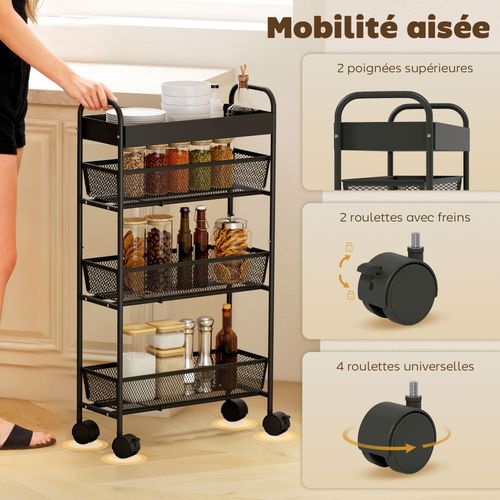 Desserte Métal Mobile 3 Paniers Coulissants Plateau à Rebords Noir