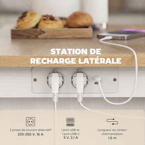 Îlot De Cuisine Station Charge Intégrée Plan De Travail Rabattable Blanc Effet Bois