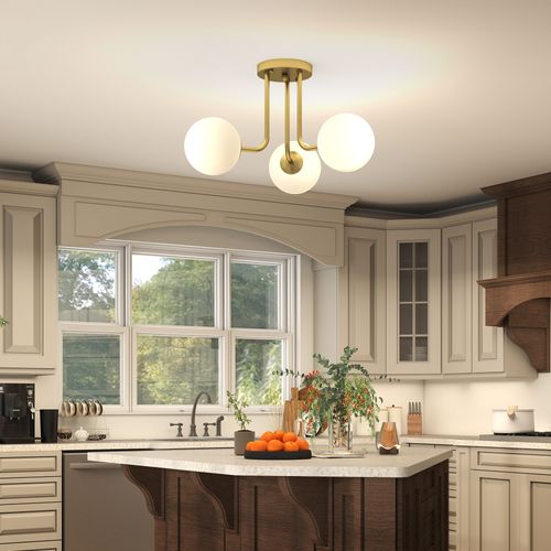 Plafonnier Design Doré Dia. 42 Cm 3 Lampes Boules Verre Dépoli Blanc Métal