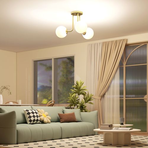 Plafonnier Design Doré Dia. 42 Cm 3 Lampes Boules Verre Dépoli Blanc Métal