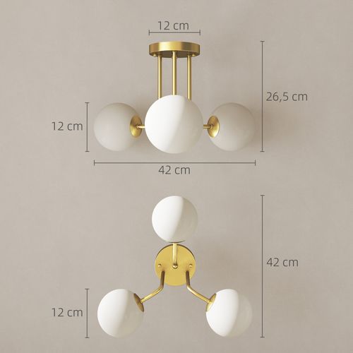 Plafonnier Design Doré Dia. 42 Cm 3 Lampes Boules Verre Dépoli Blanc Métal