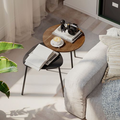 Lot De 2 Tables Basses Gigognes Design Arrondi Bicolore Effet Bois Noyer Noir