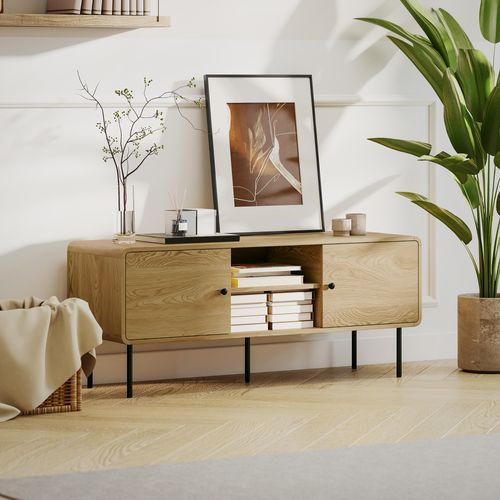 Meuble TV Design Naturel Effet Bois Clair Biseauté 2 Portes 2 Niches Acier Noir