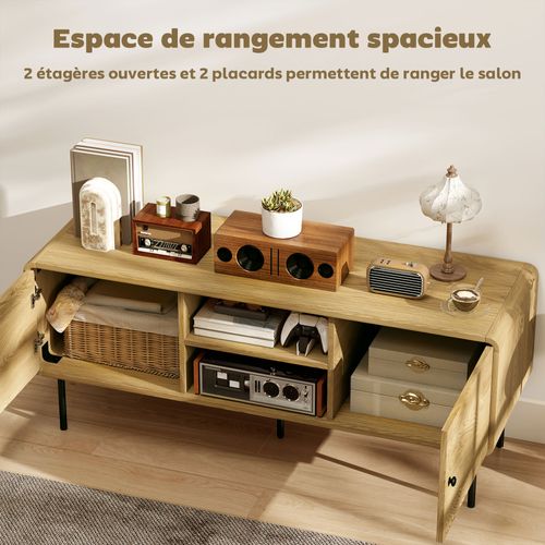 Meuble TV Design Naturel Effet Bois Clair Biseauté 2 Portes 2 Niches Acier Noir
