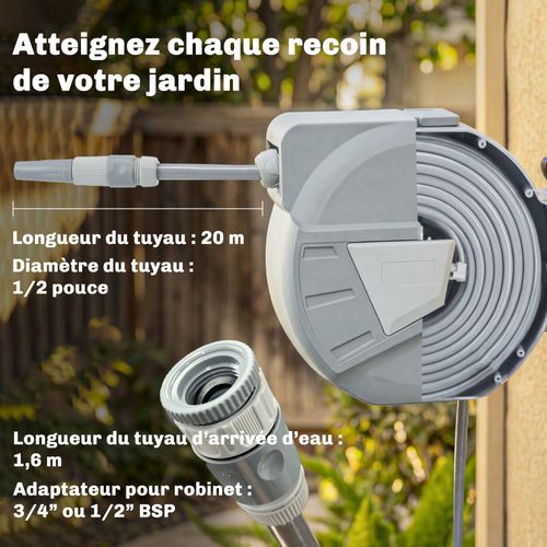 Dévidoir Mural Enrouleur Auto Pivotant Tuyau 20 + 1,6 M Avec Lance Et Support