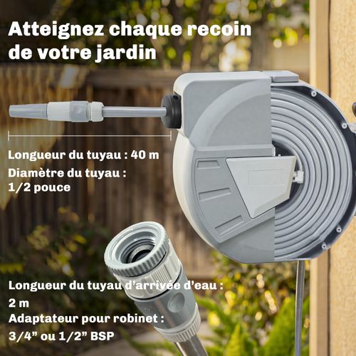 Dévidoir Mural Enrouleur Auto Pivotant Tuyau 40 + 2 M Avec Lance Et Support