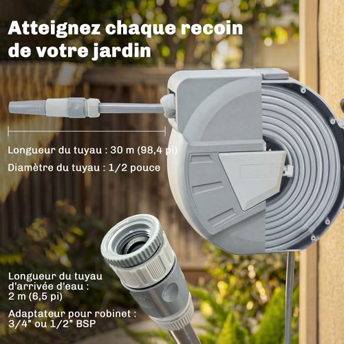 Dévidoir Mural Enrouleur Auto Pivotant Tuyau 30 + 2 M Avec Lance Et Support