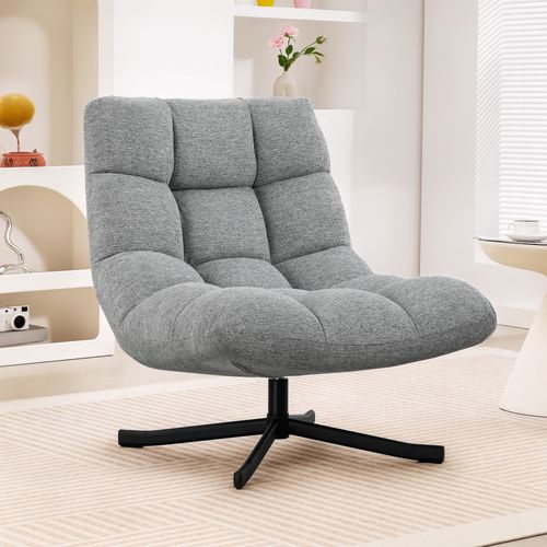 Fauteuil Lounge Style Chesterfield Pivotant Acier Croisé Noir Tissu Chenille Gris
