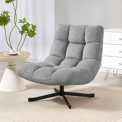 Fauteuil Lounge Style Chesterfield Pivotant Acier Croisé Noir Tissu Chenille Gris