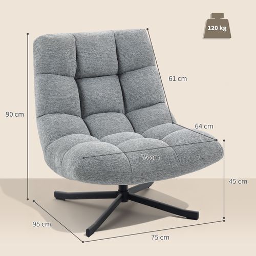 Fauteuil Lounge Style Chesterfield Pivotant Acier Croisé Noir Tissu Chenille Gris