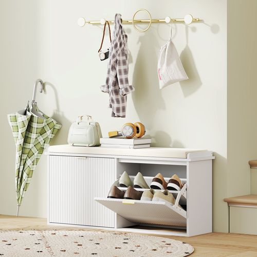 Banc Meuble à Chaussures Design 2 En 1 - Porte - Blanc Doré