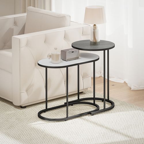 Lot De 2 Tables Basses Gigognes Design Arrondi Bicolore Effet Béton Ciré Gris Blanc