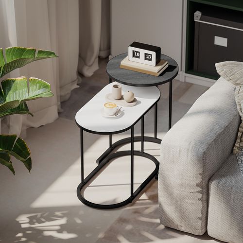 Lot De 2 Tables Basses Gigognes Design Arrondi Bicolore Effet Béton Ciré Gris Blanc