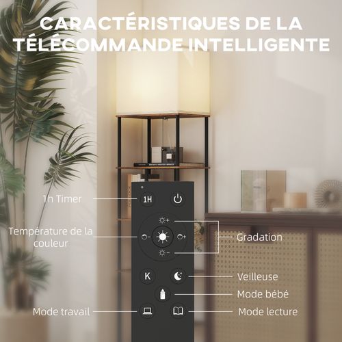 Lampadaire Étagère LED Design Industriel H.171cm Métal Noir Aspect Bois