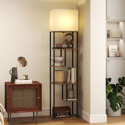 Lampadaire Étagère LED Design Industriel H.171cm Métal Noir Aspect Bois