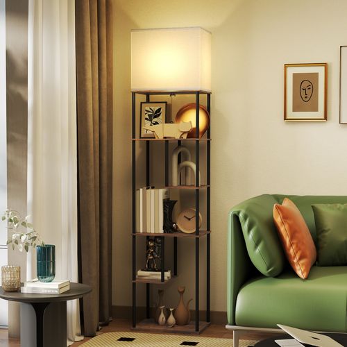 Lampadaire Étagère LED Design Industriel H.171cm Métal Noir Aspect Bois