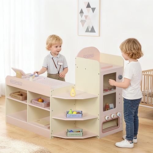 Jeu De La Marchande En Bois - Jeu Imitation Supermarché Enfant - Beige Rose