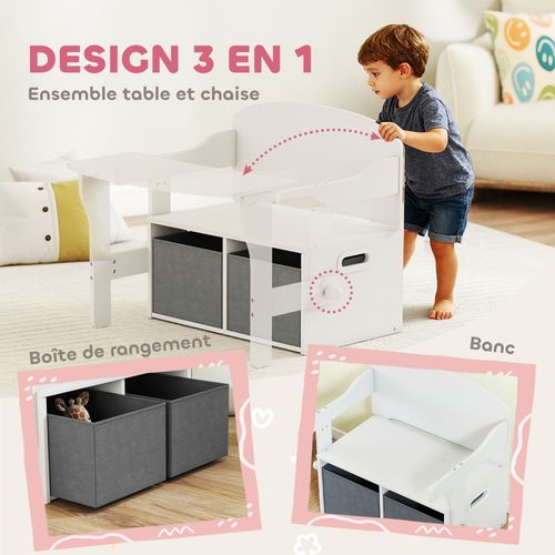 Banc Enfant Bureau Enfant Coffre à Jouets 3 En 1 Gris Blanc