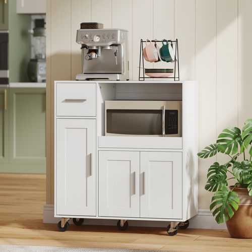 Desserte Cuisine Mobile - Plateau Extensible, 3 Portes, Tiroir, Étagère - Blanc