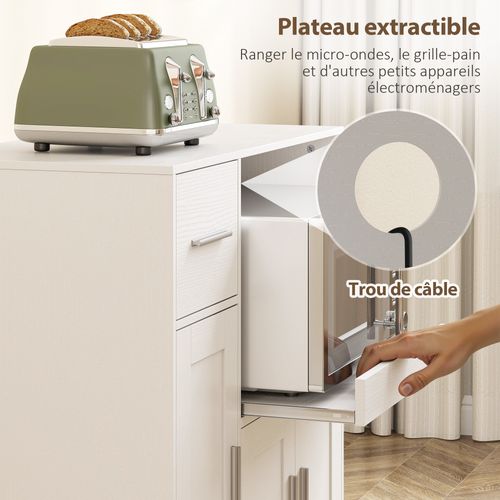 Desserte Cuisine Mobile - Plateau Extensible, 3 Portes, Tiroir, Étagère - Blanc