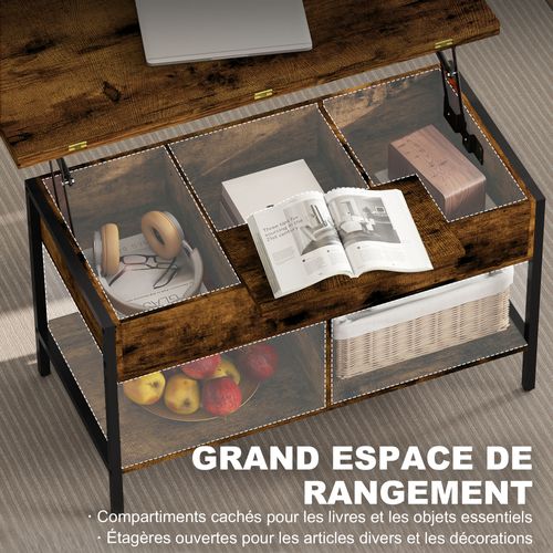 Table Basse Relevable Extensible Double Plateau Multi-rangement Effet Bois