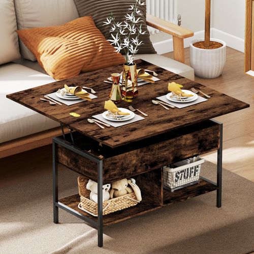 Table Basse Relevable Extensible Double Plateau Multi-rangement Effet Bois