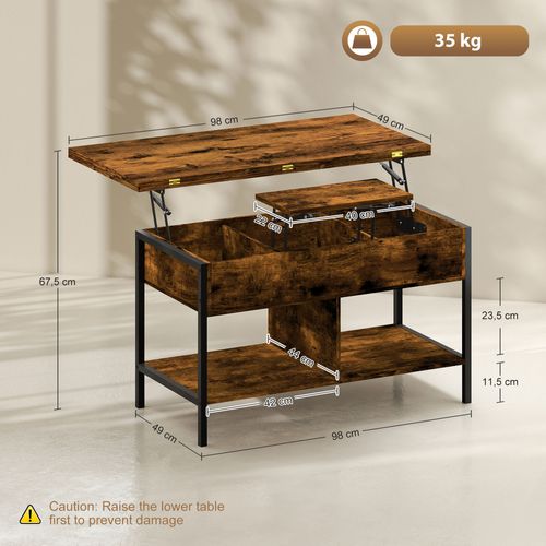 Table Basse Relevable Extensible Double Plateau Multi-rangement Effet Bois