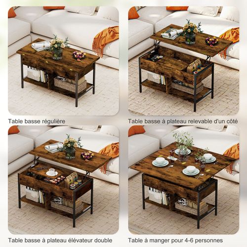 Table Basse Relevable Extensible Double Plateau Multi-rangement Effet Bois