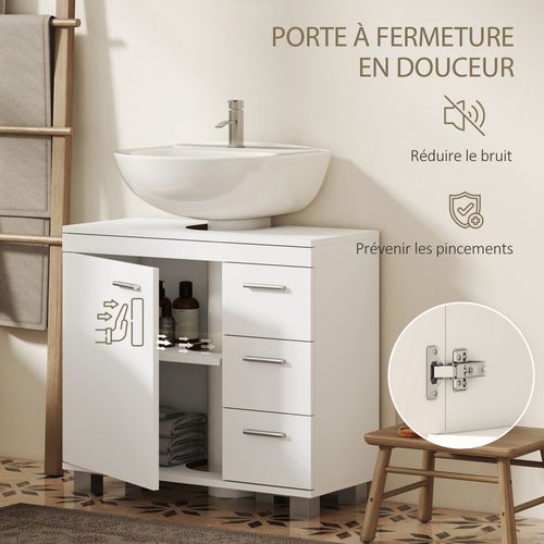Meuble Sous Vasque Blanc Mat Porte Étagère 3 Tiroirs