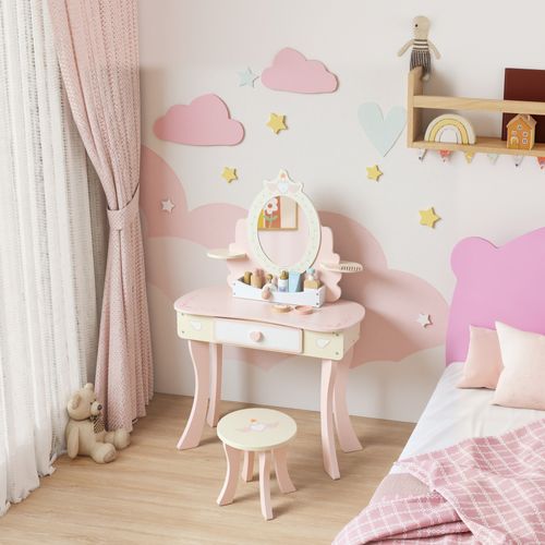 Coiffeuse Enfant En Bois Avec Tabouret Et Miroir - 7 Accessoires Inclus - Rose Blanc Écru