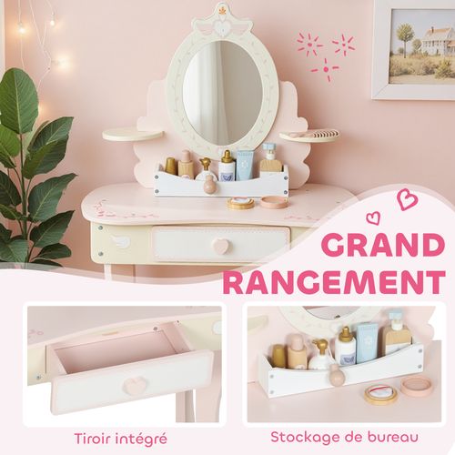 Coiffeuse Enfant En Bois Avec Tabouret Et Miroir - 7 Accessoires Inclus - Rose Blanc Écru