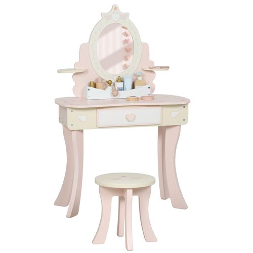 Coiffeuse Enfant En Bois Avec Tabouret Et Miroir - 7 Accessoires Inclus - Rose Blanc Écru