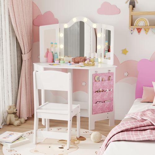 Ensemble Coiffeuse Enfant Tabouret Miroir Holywood Pochette Rangement Rose Blanc