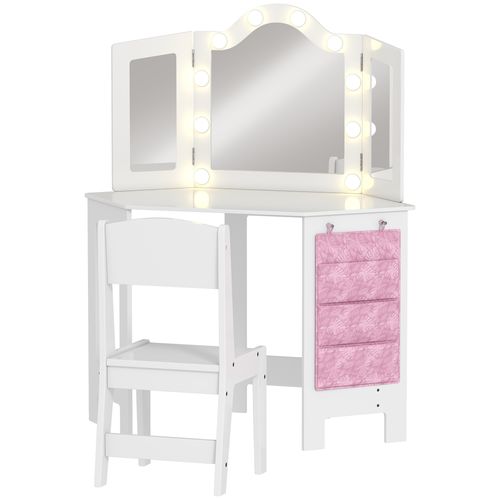 Ensemble Coiffeuse Enfant Tabouret Miroir Holywood Pochette Rangement Rose Blanc