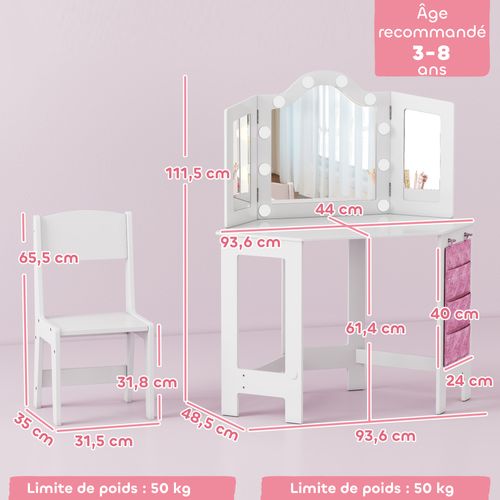 Ensemble Coiffeuse Enfant Tabouret Miroir Holywood Pochette Rangement Rose Blanc