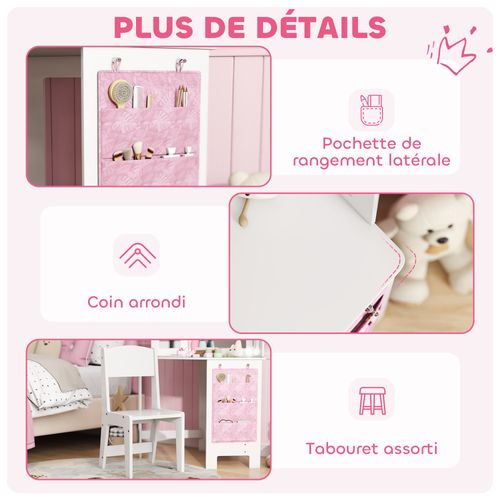 Ensemble Coiffeuse Enfant Tabouret Miroir Holywood Pochette Rangement Rose Blanc