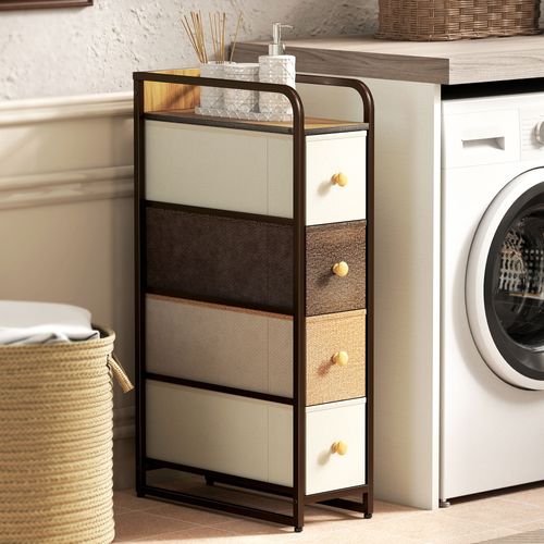 Chiffonnier 4 Tiroirs Non Tissés Pliables Acier Brun Blanc Cassé