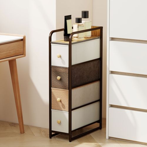 Chiffonnier 4 Tiroirs Non Tissés Pliables Acier Brun Blanc Cassé