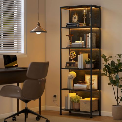 Bibliothèque 5 Niveaux Éclairage LED 7 Couleurs Cadre En Acier Noir