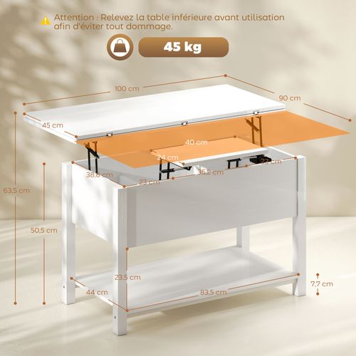 Table Basse Relevable Extensible Double Plateau Vérins Hydraulique Multi-rangement