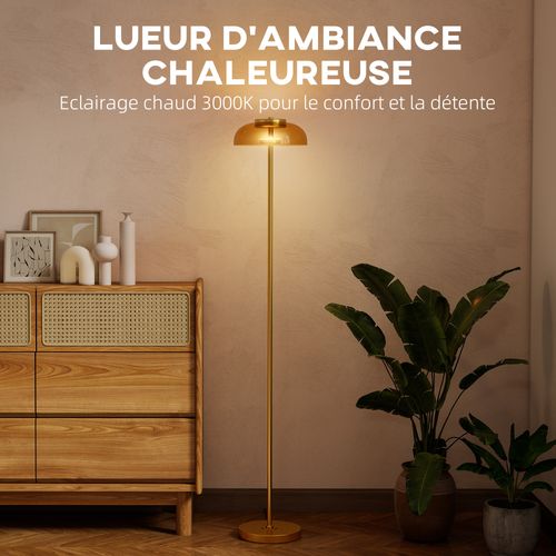 Lampadaire Sur Pied LED Style Vintage Métal Doré Verre Fumé Lumière Chaude 3000k